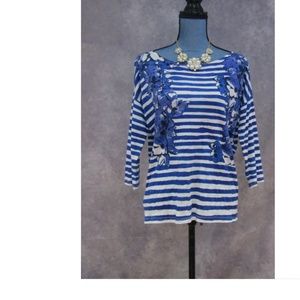 LOFT Blue & White Striped Floral Tee Size M